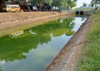 BERKURANG: Volume air yang ada di saluran Dam Colo Timur yang melewati Kecamatan Kebakkramat mulai menyusut pasca ditutupnya Dam Colo pada 11 Oktober lalu. (PUJOKO/LINGKARJATENG.ID)