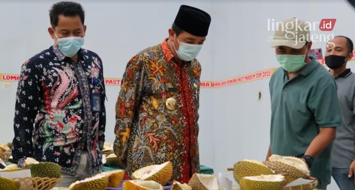 Perputaran Uang Durian Tahun 2021 di Rembang Capai Rp 9 Miliar 25 Agus Iwan bersama Bupati Hafidz meninjau durian- durian yang ikut lomba di Dinas Pertanian dan Pangan, baru- baru ini.