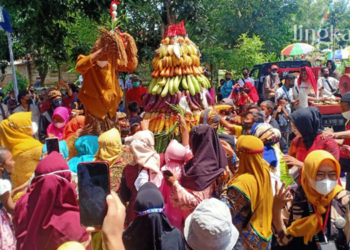 MERIAH: Warga Desa Kartikajaya, Kecamatan Patebon, Kendal berebut gunungan dalam rangka Hari Jadi ke-50 Desa Kartikajaya. (Unggul Priambodo/Lingkarjateng.id)