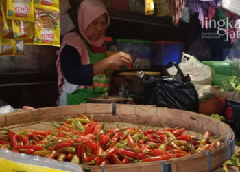 MENJUAL: Salah satu pedagang di Pasar Puri Baru, Kabupaten Pati yang menjual cabai. (Aziz Afifi/Lingkarjateng.id)