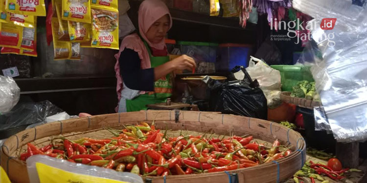 MENJUAL: Salah satu pedagang di Pasar Puri Baru, Kabupaten Pati yang menjual cabai. (Aziz Afifi/Lingkarjateng.id)