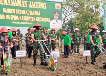MENANAM: Bupati Grobogan Sri Sumarni (paling kiri) bersama Danrem 073 Makutarama, Kolonel Infantri Purnomosidi saat menanam jagung di lahan TNI AD eks Asrama Yonif 410/Alugoro, Pucang Kelurahan Grobogan. Selasa, 2 Agustus 2022 (Muhamad Ansori /Lingkarjateng.id)
