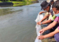PEMBENIHAN: Dinas Perikanan Kota Semarang menebar 52.500 benih ikan di aliran Kanal Banjir Barat Semarang pada Selasa, 9 Agustus 2022. (Adimungkas/Lingkarjateng.id)