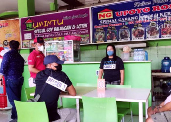 REKA ADEGAN: Reka adegan kasus pencurian dokumen milik kantor Disdagperin Pati di Tempat Kejadian Perkara (TKP) di warung Plaza Pragolo pada Selasa, 13 September 2022. (Arif Febriyanto)