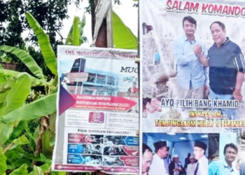 POTRET: Foto Wakil Bupati Kendal, Windu Suko Basuki, dicatut di baliho kampanye calon kades di Desa Tanjunganom, Kecamatan Rowosari, Kabupaten Kendal. (Arvian Maulana/Lingkarjateng.id)