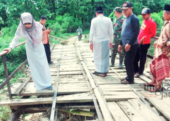 RUSAK: Camat Kedungjati, Kuspriyati saat melakukan mengecek jembatan penghubung Desa Deras dan Desa Padas, Kecamatan Kedungjati, Kabupaten Grobogan pada Sabtu, 22 Oktober 2022. (Muhamad Ansori/Lingkarjateng.id)