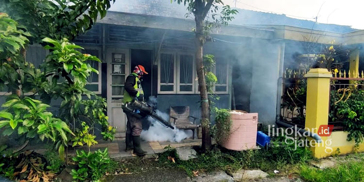 FOGGING: Petugas sedang melakukan fogging untuk mencegah perkembangbiakan nyamuk penyebab DBD di Kelurahan Kalibuntu Wetan, Kecamatan/Kabupaten Kendal. (Arvian Maulana/Lingkarjateng.id)