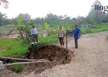 MENINJAU: Warga saat mengecek longsoran yang terjadi di jalan dan jembatan yang menghubungkan Desa Sumberejo, Randublatung dengan Desa Sumber, Kecamatan Kradenan. (Istimewa/Lingkarjateng.id)