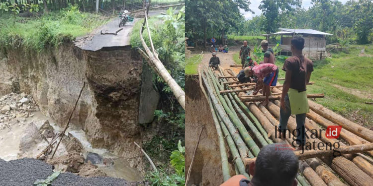 JEMBATAN AMBLAS: Jembatan Desa Bancang, Kecamatan Sale, Kabupaten Rembang amblas diterjang luapan sungai (kiri) telah diperbaiki dengan membuat jembatan darurat (kanan) pada Jumat, 25 November 2022. (R Teguh Wibowo/Lingkarjateng.id)