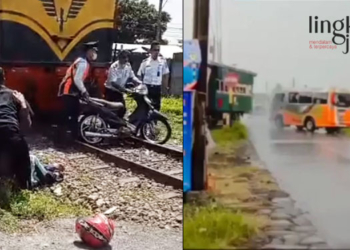 KECELAKAAN: Kecelakaan lalu lintas terjadi di perlintasan kereta api KM 36+1/2 (kiri) dan KM 35+0/1 (kanan), Ambarawa, Semarang. (Istimewa/Lingkarjateng.id)