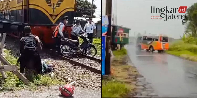 KECELAKAAN: Kecelakaan lalu lintas terjadi di perlintasan kereta api KM 36+1/2 (kiri) dan KM 35+0/1 (kanan), Ambarawa, Semarang. (Istimewa/Lingkarjateng.id)