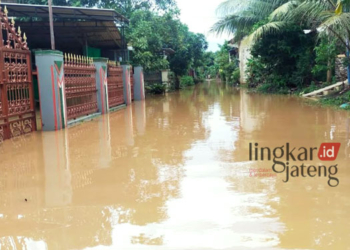 TERENDAM BANJIR: Permukiman di Desa Margomulyo, Kecamatan Tayu, Kabupaten Pati terendam banjir akibat tanggul Sungai Gasil jebol pada Rabu, 4 Januari 2023. (Istimewa/Lingkarjateng.id)