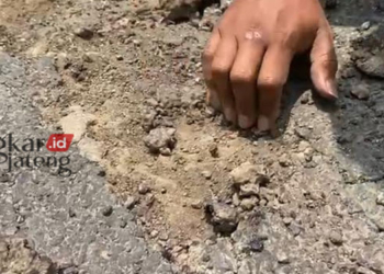 VIRAL: Potongan video terkait proyek jalan Ngawengan-Pasar Sore-Temengeng-Gubugpayung, Kecamatan Sambong, Kabupaten Blora yang dapat dikelupas menggunakan tangan kosong. (Hanafi/Lingkarjateng.id)