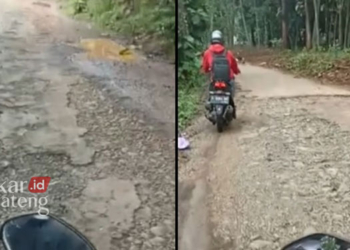 JALAN RUSAK: Kondisi Jalan Desa Lebo, Kecamatan Warungasem, Kabupaten Batang. (Dok. Instagram batanginfo.id/Lingkarjateng.id)