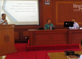 RAKOR: Suasana Rapat Koordinasi Membangun Komitmen Penyusunan Arsitektur SPBE Kabupaten Pati di Ruang Pragolo Setda Pati pada Rabu, 1 Maret 2023. (Khairul Mishbah/Lingkarjateng.id)