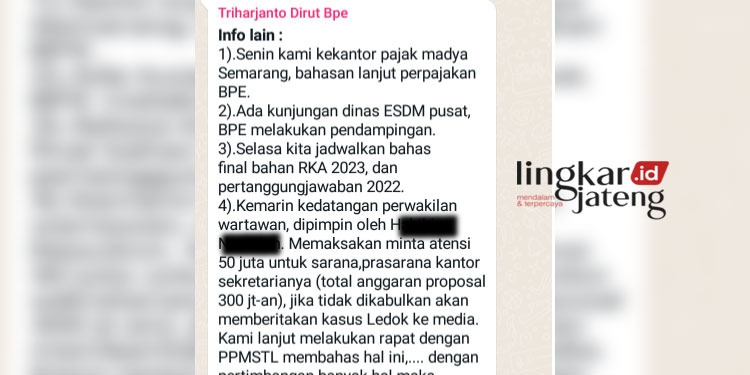 TANGKAPAN LAYAR: Tangkapan layar pesan berisi laporan Direktur BPE Blora. (Istimewa/Lingkarjateng.id)