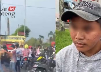 TANGKAPAN LAYAR: Aksi tawuran pelajar di depan Pom Gemeces Pati (kiri) dan salah satu siswa yang terlibat tawuran (kanan). (Istimewa/Lingkarjateng.id)