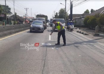 OLAH TKP: Lokasi kecelakaan yang menewaskan seorang lansia di Jalan Ungaran-Bawen, Selasa, 25 Juli 2023. (Hesty Imaniar/Lingkarjateng.id)