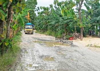 RUSAK PARAH: Terlihat sebuah truk melewati Jalan Sukolilo-Prawoto dengan laju pelan karena kondisi jalan yang rusak parah. (Khairul Mishbah/Lingkarjateng.id)