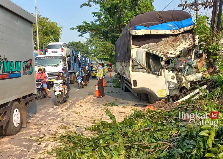 RINGSEK:  Truk dengan Nomor Polisi B 9028 JEE, bermuatan biji plastik seberat 32 ton menabrak sebuah pohon hingga mengakibatkan pohon tumbang, pada Senin, 24 Juli 2023. (Arvian Maulana/Lingkarjateng.id)