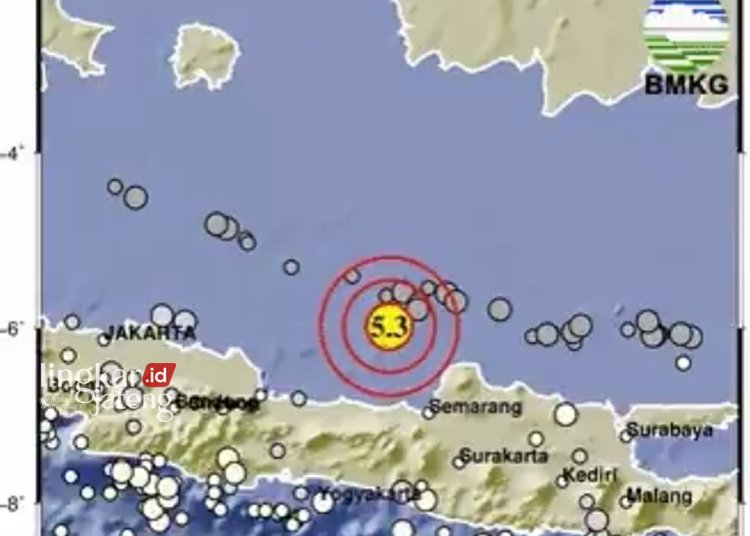 Gempa Magnitudo 5,3 Guncang Jepara, Tidak Berpotensi Tsunami 25 PUSAT GEMPA: Titik pusat gempa bumi yang terjadi di wilayah Jepara. (Tangkapan Layar Twitter @infoBMKG/Lingkarjateng.id)