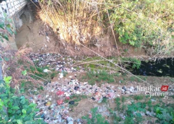 TERCEMAR: Kondisi sungai di Desa Wotan, Kecamatan Pucakwangi, Kabupaten Pati dipenuhi dengan sampah. (Setyo Nugroho/Lingkarjateng.id)