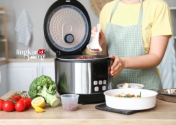 ILUSTRASI: Seorang anita sedang mengambil nasi dari rice cooker. (Shutterstock/Lingkarjateng.id)