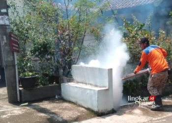 FOGGING: Ilustrasi petugas melakukan fogging untuk membasmi jentik nyamuk dan mengantisipasi penyebaran DBD. (Angga Rosa/Lingkarjateng.id)