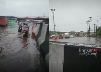 MACET: Kondisi Jalan Kaligawe, Kota Semarang yang tergenang banjir, Selasa, 28 November 2023 mengakibatkan lalu lintas tersendat. (Facebook Munic Munic/Lingkarjateng.id)