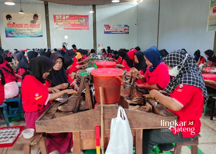 MELINTING ROKOK: Para pekerja di industri hasil tembakau sedang bekerja di KIHT milik Pemerintah Kabupaten (Pemkab) Kudus. (Nisa Hafizhotus. S/Lingkarjateng.id)