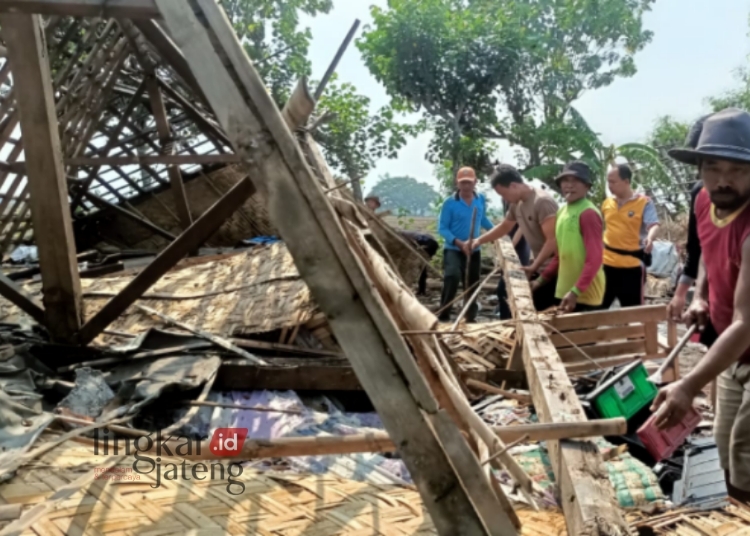6 Rumah Roboh dan 8 Pohon Tumbang Disapu Angin Kencang di Grobogan 25 GOTONG ROYONG: Warga dan petugas kepolisian gotong royong membersihkan puing-puing rumah yang roboh akibat hujan deras dan angin kencang di Grobogan. (Dok. Pribadi for Lingkar/Lingkarjateng.id)