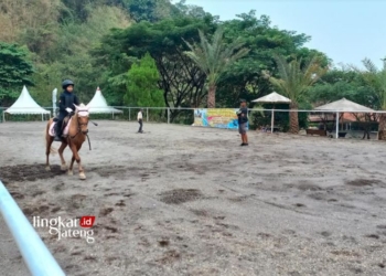 LATIHAN: Atlet berkuda dari Pordasi Kabupaten Kensal, Fatimah Zahra Hazmi semangat latihan untuk mengikuti Kendal Berkuda Equestrian Exchange Program (EEP) 2023. (Arvian Maulana/Lingkarjateng.id)