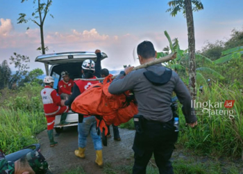 EVAKUASI: Para relawan dan petugas gabungan bersama-sama melakukan proses evakuasi jenazah survivor Suwardi, warga Dusun Ngaglik, Desa Nyatnyono, Kecamatan Ungaran Barat, Kabupaten Semarang yang ditemukan di jurang hutan pinus di lereng Gunung Ungaran pada Minggu, 19 November 2023. (BPBD Kabupaten Semarang/Lingkarjateng.id)