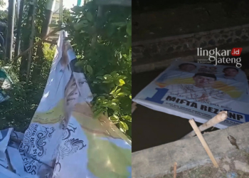 BARU DIPASANG: Baliho bergambar caleg dari Partai Gerindra diduga dirusak oleh oknum tak dikenal. (Dok. Pribadi/Lingkarjateng.id)