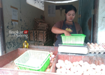 JUAL BELI: Salah satu pedagang telur di Pasar Puri Kabupaten Pati saat melayani pembeli. (Setyo Nugroho/Lingkarjateng.id)