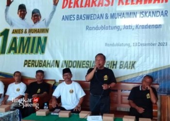 RAPAT KOORDINASI: Ketua Simpatisan AMIN, Miftakun, memberikan sambutan dalam acara deklarasi relawan Anies Baswedan-Muhaimin Iskandar di Randublatung, Kabupaten Blora. (Dok. Mif/Lingkar.news)