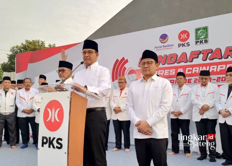 Pasangan capres-cawapres Anies Baswedan-Muhaimin Iskandar di Kantor DPP PKS, Jakarta Selatan, Jakarta pada Kamis, 19 Oktober 2023. (Antara/Lingkarjateng.id)