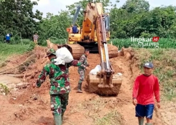 GOTONG ROYONG: Sejumlah anggota TNI/Polri bersama warga gotong royong memperbaiki tanggul jebol di Desa Angkatan Lor, Kecamatan Tambakromo, Kabupaten Pati pada Kamis, 30 November 2023 pagi. (Arif Febriyanto/Lingkarjateng.id)