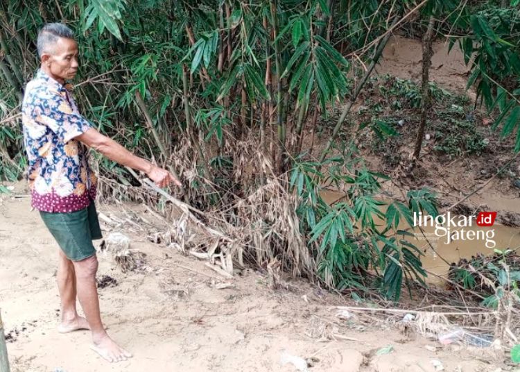 MULAI TERJADI PENDANGKALAN: Seorang warga Desa Angkatan Kidul, Kecamatan Tambakromo, Kabupaten Pati menunjukkan bantaran Sungai Godo yang diusulkan untuk dinormalisasi pada Jumat, 1 Desember 2023. (Setyo Nugroho/Lingkarjateng.id)