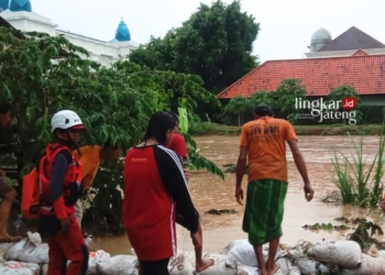 Hujan Deras di Kendal Akibatkan Sungai Waridin dan Sungai Aji Meluap ke Permukiman 30 BANJIR: Petugas BPBD dan Warga Desa Kebonadem memasang tanggul dengan menggunakan karung berisi pasir di Sungai Waridin pada Rabu, 17 Januari 2024 sore. (Dok. BPBD Kendal/Lingkarjateng.id)