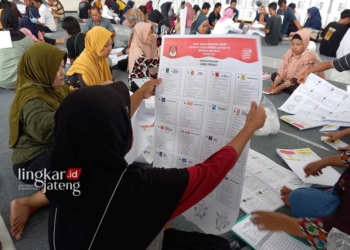 FOKUS : Para tenaga  sortir dan lipat terlihat semangat dan teliti dalam melakukan pelipatan di gudang logistik pemilu di Kabupaten Kendal. (Arvian Maulana/Lingkarjateng.id)
