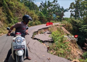LONGSOR: Kondisi Jalan Beketel-Maitan turut Desa Purwokerto, Kecamatan Kayen, Kabupaten Pati yang longsor beberapa bulan lalu hingga awal tahun 2024 belum diperbaiki. (Setyo Nugroho/Lingkarjateng.id)