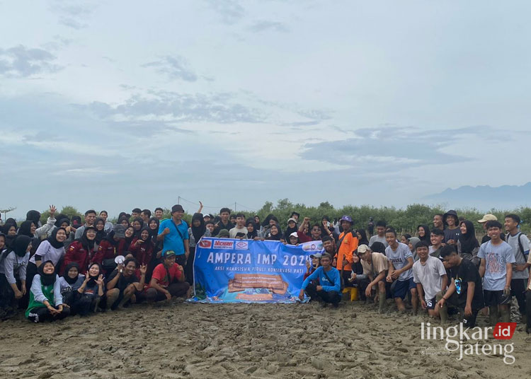 KOMPAK: Aksi penanaman 1200 bibit mangrove di Pantai Pangkalan, Pati yang dipelopori AMPERA IMP berlangsung sukses. (Dok. Lingkarjateng.id)