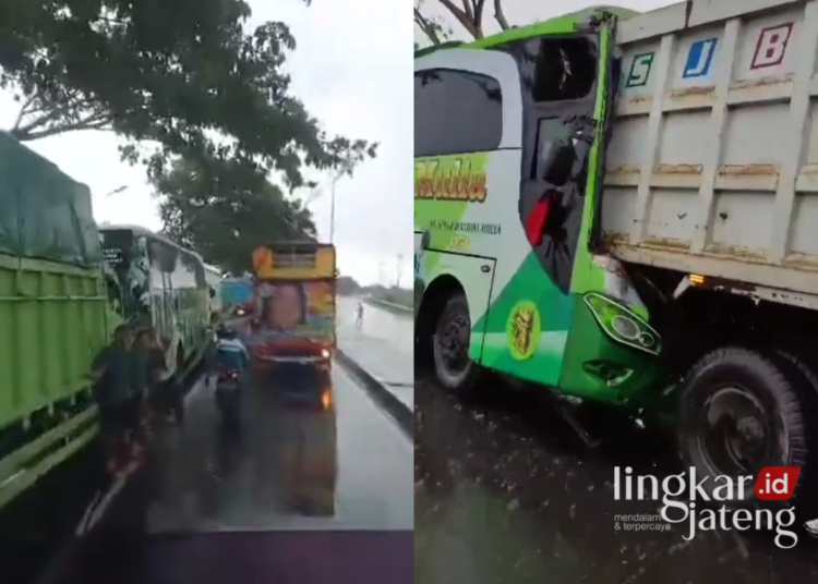 Breaking News! Kecelakaan Bus Sinar Mandiri Tabrak Truk Dump di Lingkar Pati, Sopir Meninggal 25 Kecelakaan Bus Dinar Mandiri di Lingkar Pati. (Tangkapan Layar Video Warga/Lingkarjateng.id)