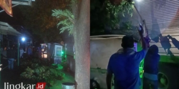 LAKA: Mobil fuso senggol pohon dibahu jalanan, karena menghindari kendaraan besar lain dari lawan arah pada Sabtu malam, 18 Februari 2024 pukul 23.00 WIB di jalan Mayong-Welahan. (Muhammad Aminudin/Lingkarjateng.id)