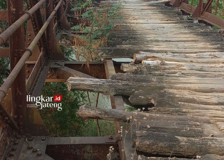 POTRET: Kondisi jembatan gantung Wonosari, Kecamatan Pegandon, Kabupaten Kendal tampak bolong pada alas jembatan dan besi berkarat. (Robison/Lingkarjateng.id)