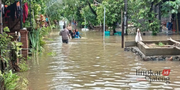 Banjir menggenangi jalan dan rumah warga di Desa Batukali, Kecamatan Kalinyamatan, Kabupaten Jepara. (Tomi Budianto/Lingkarjateng.id)