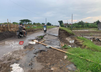 BUTUH PERBAIKAN: Jalan Karanganyar-Godong Kabupaten Demak rusak usai diterjang banjir, beberapa waktu lalu. (M. Burhanuddin Aslam/Lingkarjateng.id)