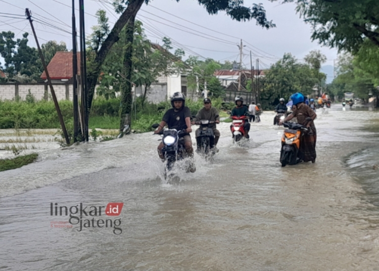 MENEROBOS: Beberapa pengendara motor menerobos banjir di Grobogan. (Eko Wicaksono/Lingkarjateng.id)