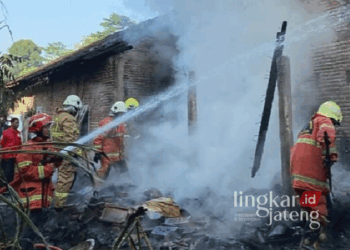 Petugas Pemadam kebakaran Kota Salatiga saat memadamkan api yang membakar sebuah rumah di Dukuh Winong, Kelurahan Kecandran, Kecamatan Sidomukti pada Rabu, 31 Juli 2024. (Dok. Damkar Salatiga/Lingkarjateng.id)